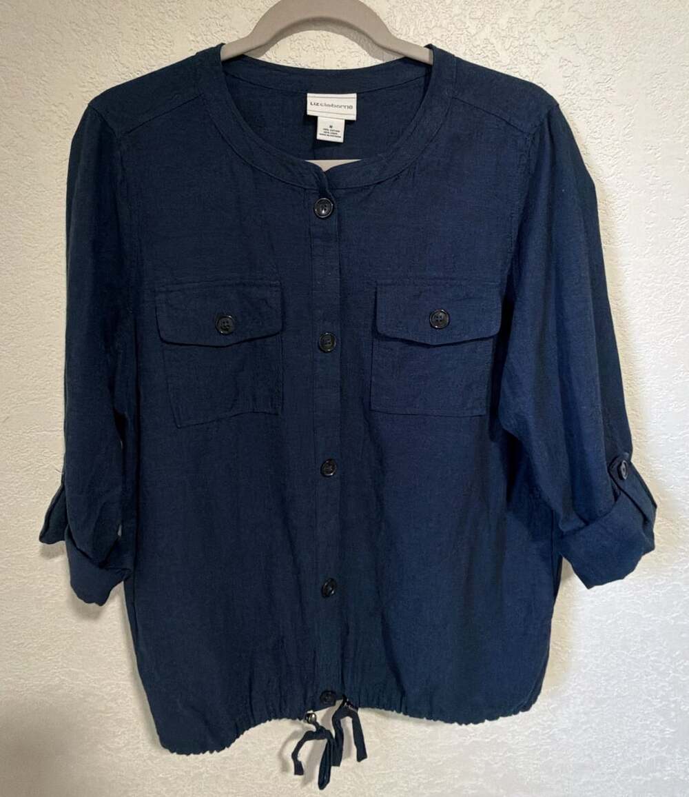Liz Claiborne Button Down Shirt Size M Navy Blue Cotton Linen